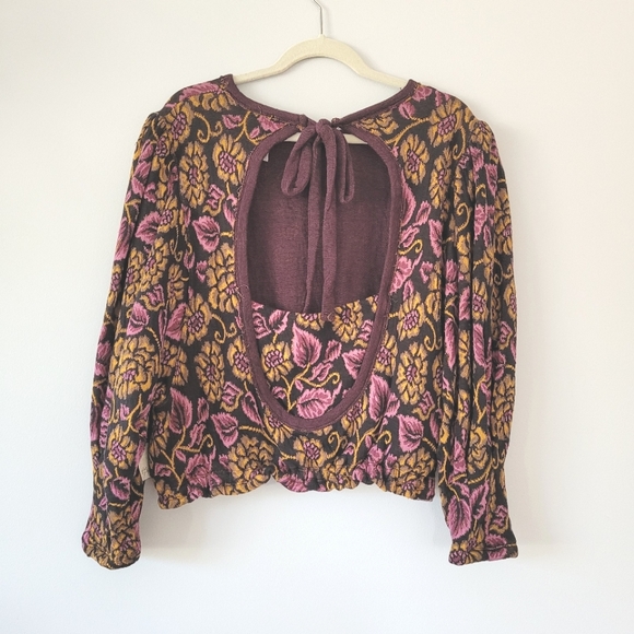 FREE PEOPLE Floral Purple & Yellow Open Back Boat Neck Puff Sleeve Cotton Top - Picture 8 of 15